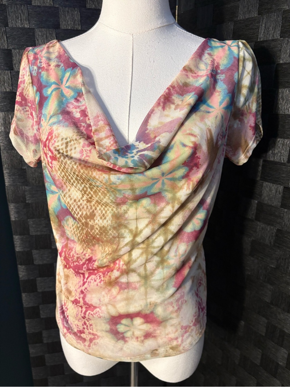 Silence + Noise Floral Mesh Cowl Neck Top Tie-Dye Y2K Style Fairy Grunge